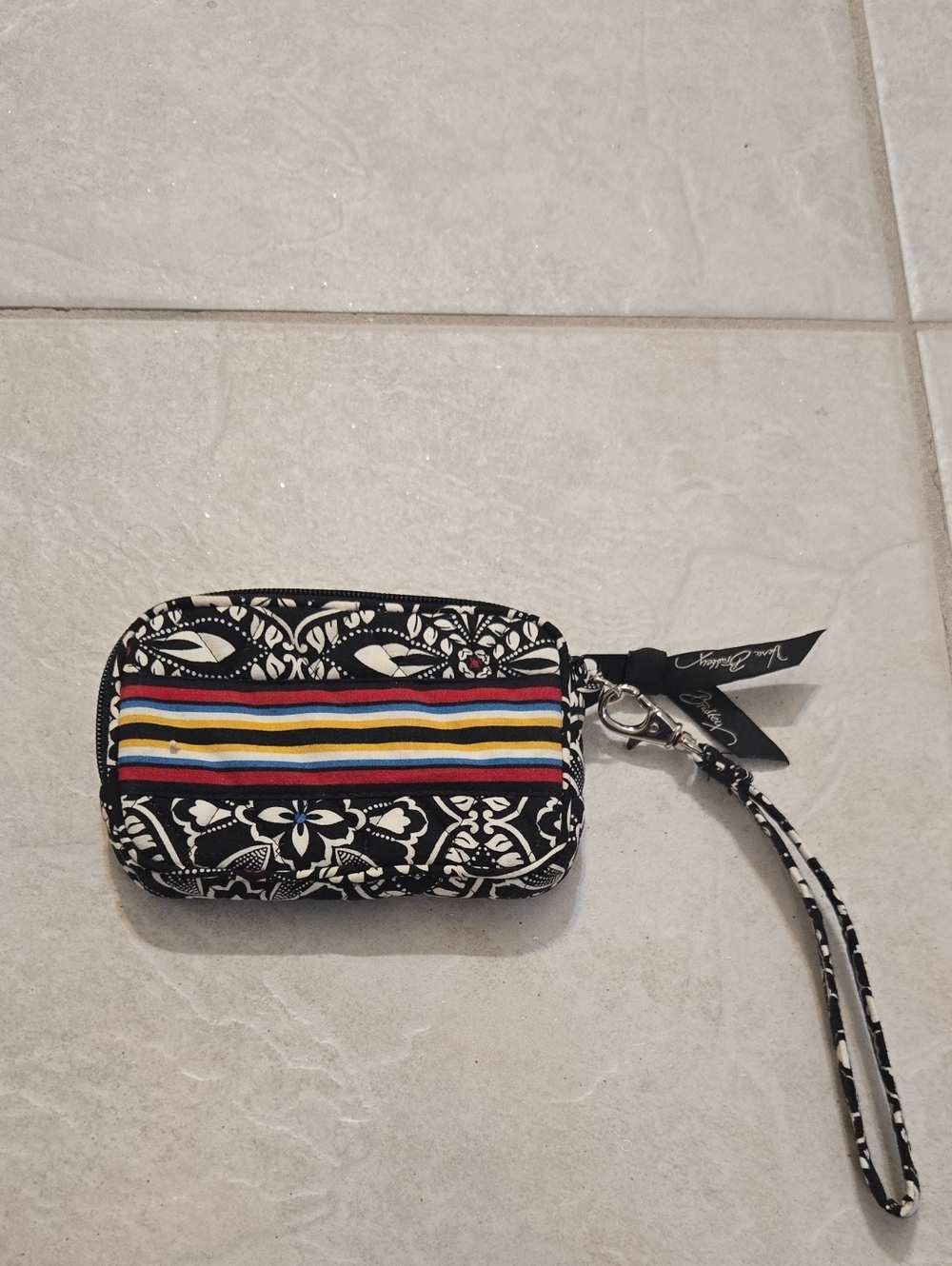 Vera Bradley Black Floral Wristlet with Multicolor Stripe Accent